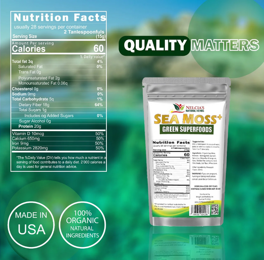 Nelcia’s Natural Herbs Sea Moss Green SuperFood Supplement – Complete Ocean Mineral Blend with 92+ Nutrients, Digestive + Skin Health Support
